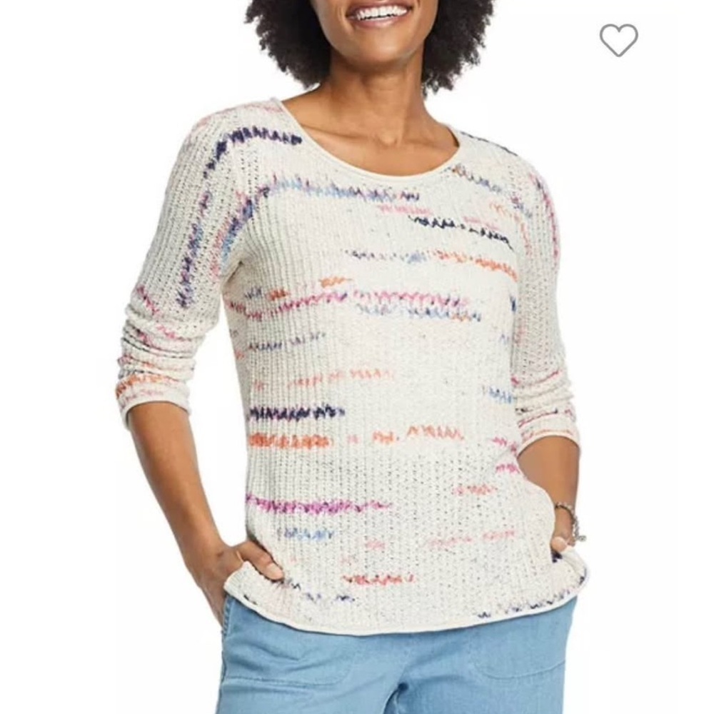 NIC+ZOE Cream Crew Neck Sweater with Multicolor Stripes Size Small Petite